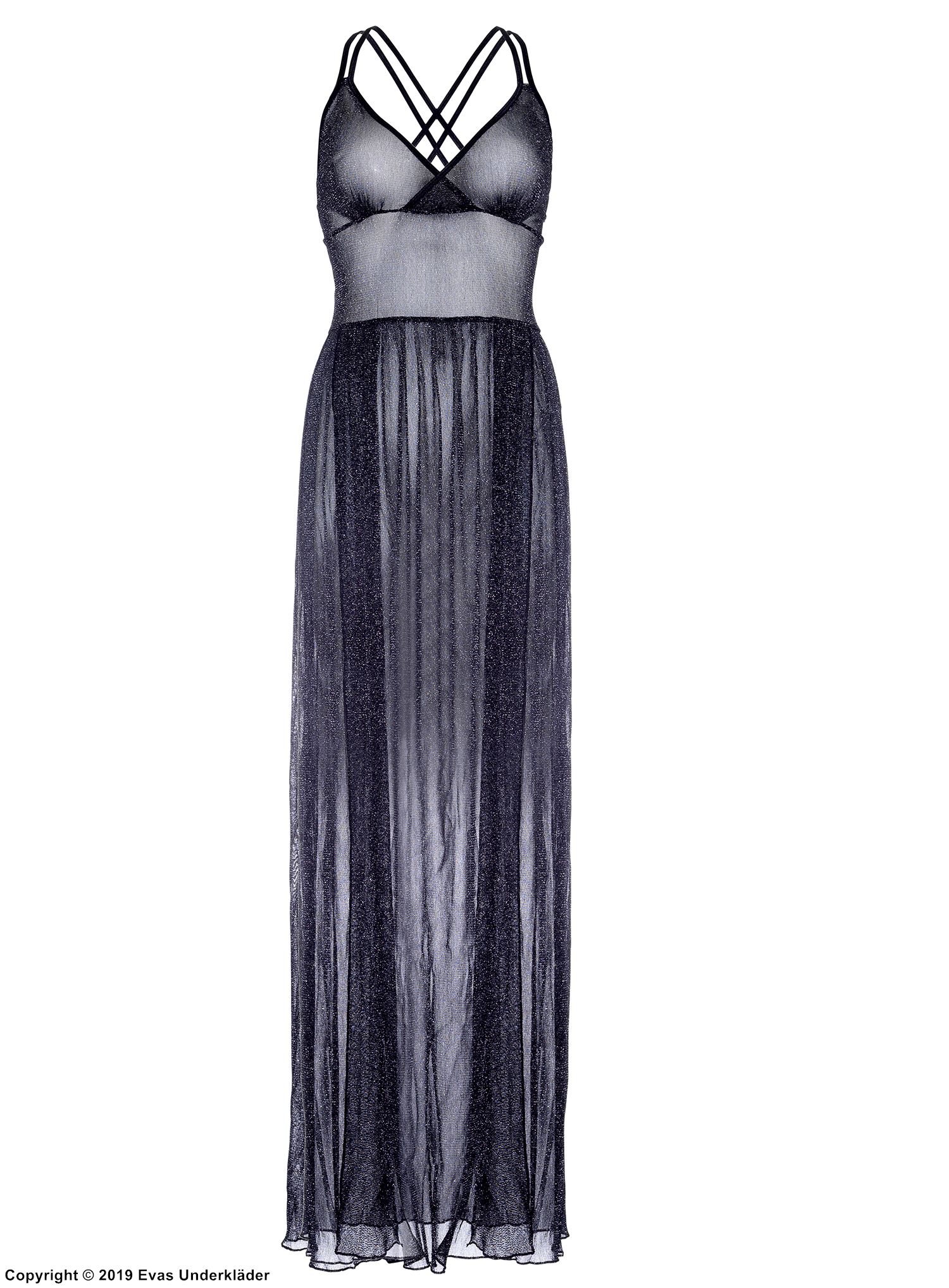 Lång klänning i skir mesh med korslagda band, hög slits och skimrande lurex